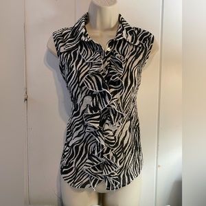 EUC Kenneth Jay Lane short sleeve,button down ruffled blouse,zebra print, 10/12